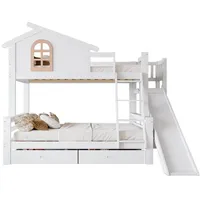 HAUSS SPOLE Etagenbett 90x200cm & 120x200cm mit Leiter, Rutsche und 2 Schubladen, Weiß (Kinderbett Hochbett mit Spielbereich und Stauraum, ohne Matratze), Untere Liegefläche 120 × 200 cm für Erwachsene oder Jugendliche