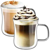 KAMEUN Latte Macchiato Gläser Doppelwandige, 2er Set 350ml Doppelwandige Gläser aus Borosilikatglas mit Henkel, Kaffeegläser Teegläser Thermogläser Doppelglas Cappuccino Gläser