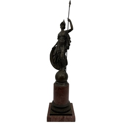 Casa Padrino Luxus Jugendstil Deko Skulptur Göttin mit Speer Bronze / Rot  22 x 26 x H. 108 cm - Große Bronze Skulptur mit Marmorsockel - XXL Bronze Figur - XXL Bronze Skulptur - Bronze Skulpturen