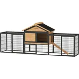 PawHut Hasenstall 2 Ebenen mit Satteldach Kaninchenstall aus Vollholz Winterfest Doppelstockhaus mit Freilaufgehege 217x53x86 cm Kaninchenkäfig Outdoor Kleintierstall für Hasen Kaninchen Gelb   Aosom