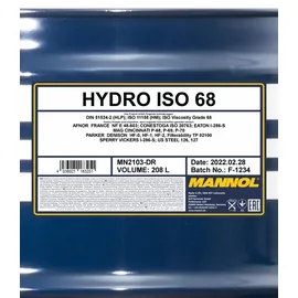 Mannol 2103 Hydro ISO 68 LONGLIFE 208L