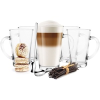 Sendez Latte-Macchiato-Glas 6 Latte Macchiato Gläser 300 ml + 6 Edelstahl-Löffel GRATIS, Glas weiß