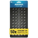Absina 50er Pack Alkaline Knopfzellen Batterien - AG1 / AG3 / AG4 / AG10 / 5X AG13-1,5V Batterie Sortiment auslaufsicher - Knopfzellen Set gemischt, Set gemischt