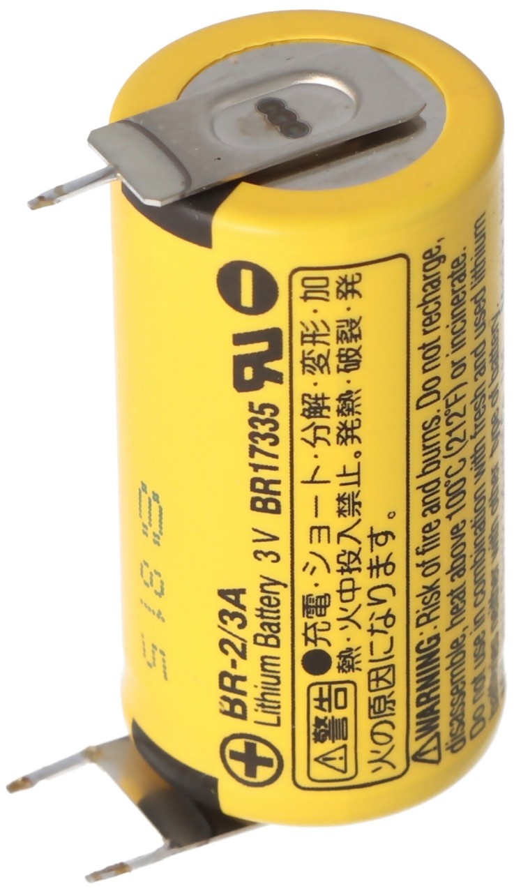 Panasonic BR-2/3A Lithium Batterie mit Print Kontakt ++-, 2er Print Plus und 1er Print Minus, BR17335, 3,0 Volt, Rastermaß 7mm