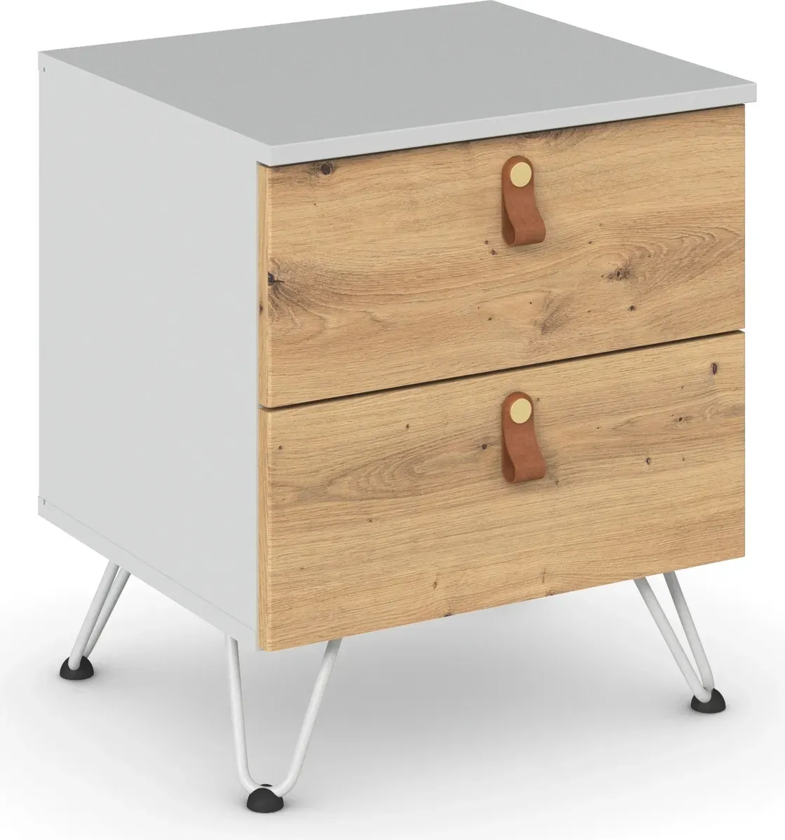 Nachtkommode RAUCH "Homey by Aditio", grau (seidengrau, eiche artisan), B:47cm H:54cm T:42cm, Holzwerkstoff, Sideboards, mit Grifflaschen in Leder, 2 Schubladen mit Softclose-Funktion