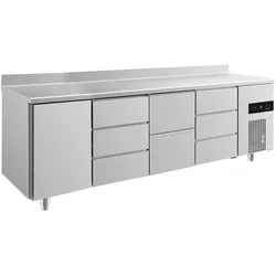 Gastro Kühltisch 2 Schubladen Mitte 3 Schubladen Mitte&rechts 1 Tür links Umluftkühlung Aufkantung, 2330x700x850mm -2/+8°C