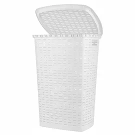Spetebo Kunststoff Wäschekorb in Rattan Optik Liter - Weiß - Wäschebox mit Deckel und Tragegriffen - Wäschetruhe Wäschesammler Wäschetonne mit Griff feuchtraumbeständig