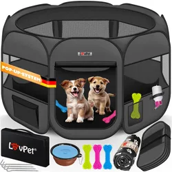 LOVPET® Welpenlaufstall Tierlaufstall Faltbar für Kleintiere Hunde, Katzen Inkl. Hundenapf Hundelaufstall Freigehege Oxfordgewebe Pop-up System Indoor & Outdoor