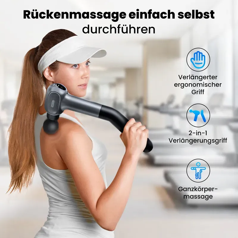 Sunluxy CM40F Dual-Length Massagepistole mit verlängertem Griff für Rückenmassage, 6 Intensitätsstufen, lange Akkulaufzeit, leiser bürstenloser Motor.