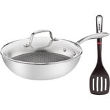 Tefal Eternal Mesh Edelstahl Wok Pfanne mit Glasdeckel 28cm, kratzfeste Mesh Antihaftbeschichtung + Ingenio Pfannenwender, Induktionsherd geeignet, Genietete Griffe, Bratpfanne + Antihaft Schutzgitter