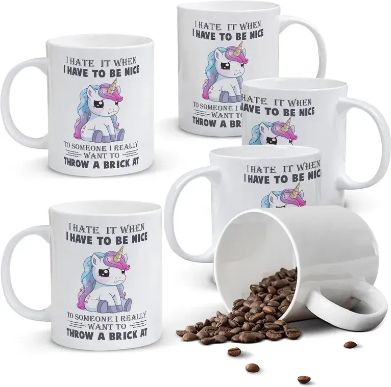 Alphynix 1 Stück, 320 ml Keramik-Kaffeetasse, Weiß, kreativer wütender Einhorn-Teekrug, tragbare Keramiktasse für Büro, für Heiß- oder Kaltgetränke, originelles Geschenk, Valentinstagsgeschenk, Geburtstagsgeschenk