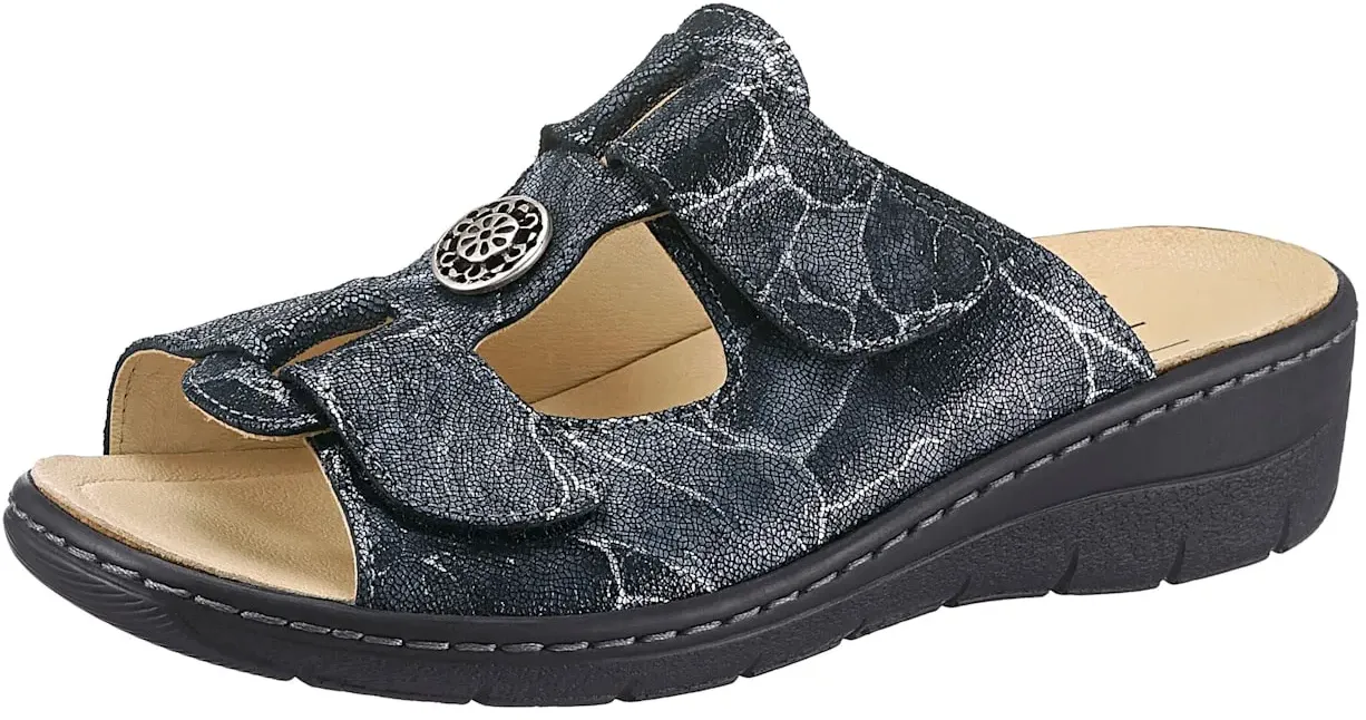 Pantolette BELVIDA, Damen, Gr. 40, blau (blau, bedruckt), Glattleder, Schuhe Pantolette