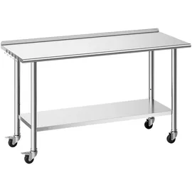 Vevor Edelstahltisch Gastro 1524 x 610 x 894 mm, Verstellbarer Edelstahltisch mit Rollen, Aufkantung (30 mm), Arbeitstisch mit Grundboden für Restaurant Obere Ablage (254 kg) Untere Ablage (209 kg)