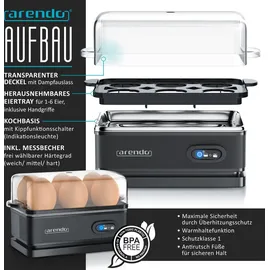 Arendo Frühstücks-Set Wasserkocher 1,5l, 4-Scheiben Toaster, 6er Eierkocher, Schwarz