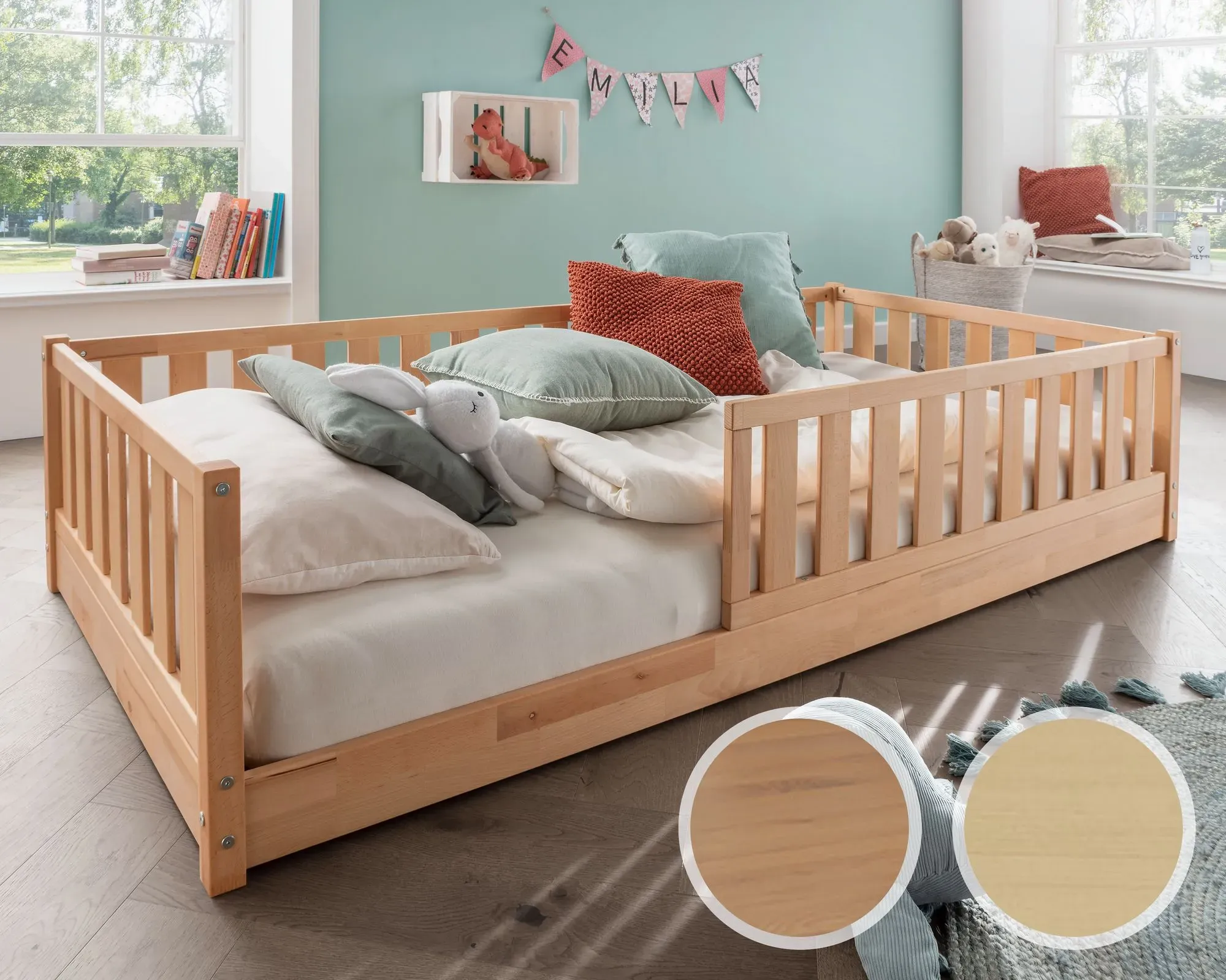 INFANSKIDS »Mira« Bodenbett mit Rausfallschutz  – erhältlich in 2 Holzarten und 3 Größen