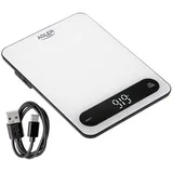 Adler AD 3177WB Küchenwaage Digital 10 kg, Elektronische Haushaltswaage mit Tara Funktion, USB-C aufladbar, Präzisionswaage zum Kochen und Backen, Glaswaage, Weiß