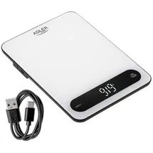Adler AD 3177WB Küchenwaage Digital 10 kg, Elektronische Haushaltswaage mit Tara Funktion, USB-C aufladbar, Präzisionswaage zum Kochen und Backen, Glaswaage, Weiß