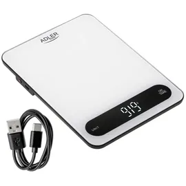 Adler AD 3177WB Küchenwaage Digital 10 kg, Elektronische Haushaltswaage mit Tara Funktion, USB-C aufladbar, Präzisionswaage zum Kochen und Backen, Glaswaage, Weiß