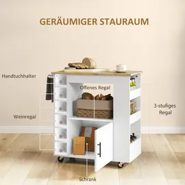 Homcom Küchenwagen Rollwagen mit Arbeitsplatte aus Holz, Ablagen, Weinregalen, Servierwagen, Küchenschrank auf Rollen mit Soft-Close-Scharnieren,