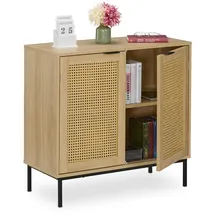 Relaxdays Sideboard, 2 Rattan-Türen, Metallbeine, HxBxT: 76x80x35 cm, Wohnzimmer, Flur, 2 Fächer, Kommode, natur/schwarz
