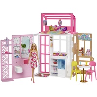 Barbie-Puppenhaus (70,6 x 51,4 cm) mit 4 Spielbereichen, komplett eingerichtet mit Barbie-Accessoires & Möbeln, 360° drehbar, klappbar, ohne Barbie-Puppe, Geschenk für Kinder ab 3 Jahren, HHY40