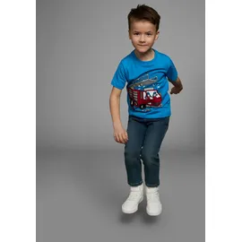 Kidsworld T-Shirt "Mit coolem FEUERWEHR Druck", Jungen, Gr. 128/134, blau (türkis), Single Jersey, Obermaterial: 100% Baumwolle, bedruckt, Basic, Rundhals, Shirts T-Shirt, Kurzarm, Basic-Passform, mit stylischem Druck, Rundhalsausschnitt