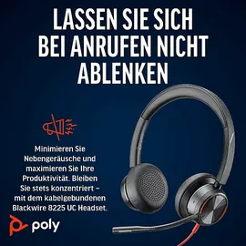 Poly Blackwire 8225 USB-C Stereo-Headset + USB-C/A-Adapter, ANC, MS-Teams