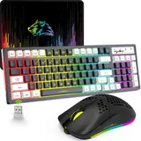 Gaming Tastatur und Maus Set 2.4GHz Kabellos, 96 Tasten RGB Beleuchtet Mechanische Feel Membran Tastatur Leichte Optische Maus Wiederaufladbares Ergonomisches Design für Windows Mac PS4 XBox, Schwarz