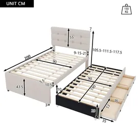 XDOVET Polsterbett, 90x200cm(90x190cm),Familienbett, Bett mit drei Schubladen, Ausziehbares Rollbett, Verstellbares Kopfteil