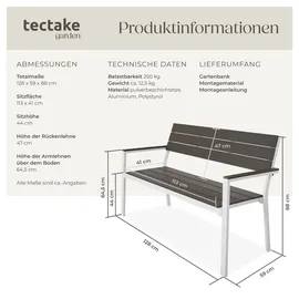 Tectake Gartenbank, 2-Sitzer, wetterfest, 128 x 59 x 88 cm