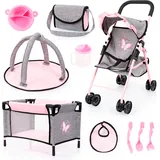 Puppenbuggy BAYER "Set mit Reisebett" Puppenwagen rosa (grau/rosa schmetterling) Kinder