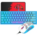 60 Prozent Mini Gaming Tastatur Und Maus Set Blau, QWERTY Layout RGB Regenbogen LED Beleuchtet Mechanische Gefühl Ergonomische Tastatur, 12000 DPI Bienenwabe Maus USB Verkabelt Für PC Laptop