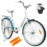 Maltrack Stadtfahrrad Dreamer, 26 Zoll, Rückleuchten, Gepäckträger, Klingel, Fahrrad Citybike Damenfahrrad, weiß und blau