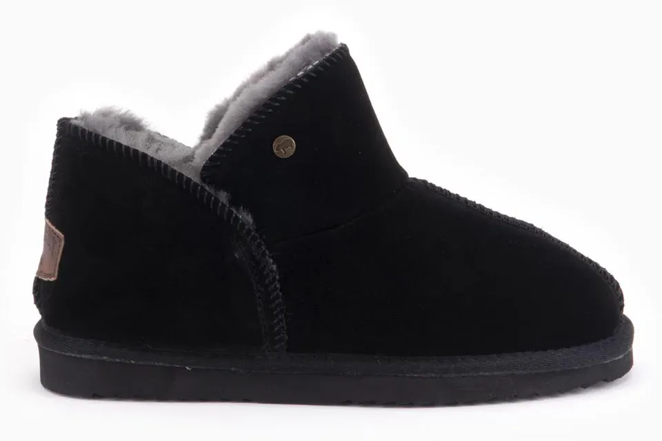 Warmbat Hausschuhe Pantoffel Willow Suede mit Merino Schaffell schwarz Damen