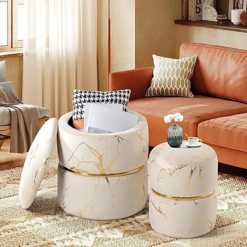 Ckaff 2er-Set Hocker mit Stauraum, Hocker mit Stauraum, Schminkhocker, Pouf, Sitzhocker, runder Fußhocker mit Stauraum und Bouclé-Samtbezug für Schminktisch, Schlafzimmer, Wohnzimmer