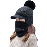 2-in-1 Integriert Mütze Mundschutz Schal, Colorful Winter warm wasserdichte Leifeng Mütze Mit Pompom, Krempe für Damen Herren, Skimütze Winddichte Ohrkappe Kalt Ohrenschützer (Black, L)