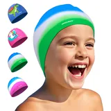 Badekappe Kinder - wasserdichte Badehaube für Jungen Mädchen, Silikon Schwimmkappe für 3-15 Jahre, Bequeme Badekappekinder mit UV-Schutz und rutschfest, Geeignet für Schwimmen Tauchen