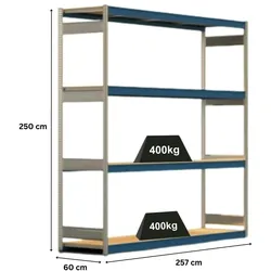 PROREGAL Weitspannregal ELCH Stecksystem T-Profil | Grundregal | HxBxT 250x257x60cm | 4 Ebenen | Spanplatten-Fachboden | Fachlast 400kg | Enzianblau