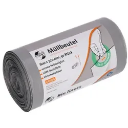 DEISS FIRST PLUS pcr Müllbeutel, 60 Liter, grau, Hochwertiger & nachhaltigerer Müllbeutel mit 80% Rezyklatanteil, 600 x 720 mm, 1 Rolle = 50 Stück