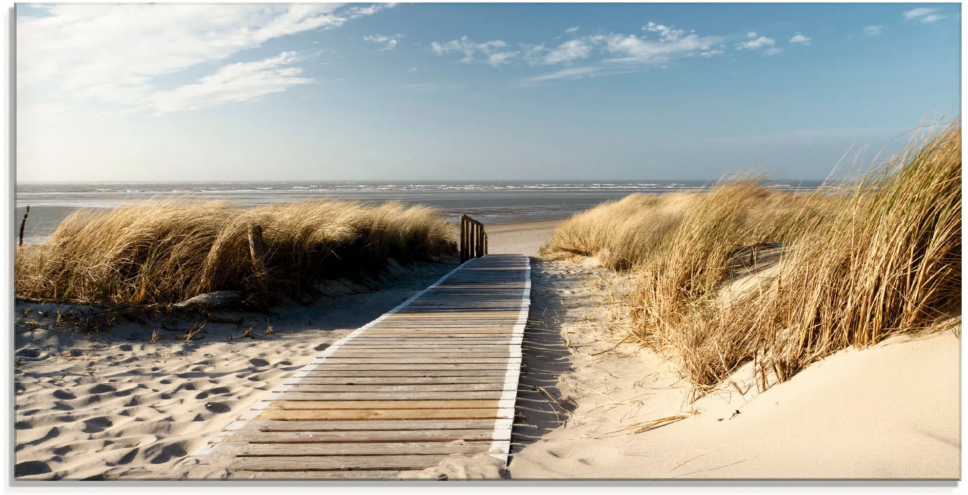 Glasbild »Nordseestrand auf Langeoog - Steg«, Strand, (1 St.), in verschiedenen Größen, 74498707-0 naturfarben B/H: 100 cm x 50 cm