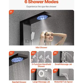 Vevor Duschpaneel-Turmsystem (6 in 1) mit Regenwasserfall-Duschkopf & LED, (1345 mm) Duschsäule aus gebürstetem Edelstahl, - Schwarz