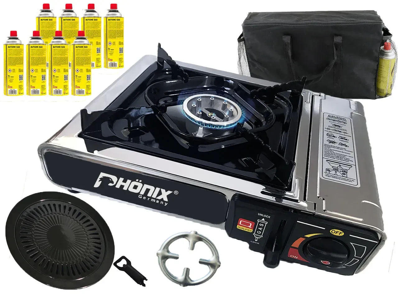 Phönix PC-20 Edelstahl Camping Gaskocher + Grillaufsatz+ 8x kartuschen