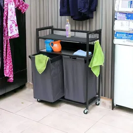 DanDiBo Ambiente DanDiBo Wäschekorb 2 Fächer mit Ablagen Schwarz Metall 96501 Wäschesammler Wäschewagen mit Rollen Wäschebox Wäschekorb Wäschesack Modern