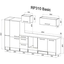 Respekta Küchenzeile 310 cm Schwarz Hochglanz-Weiß