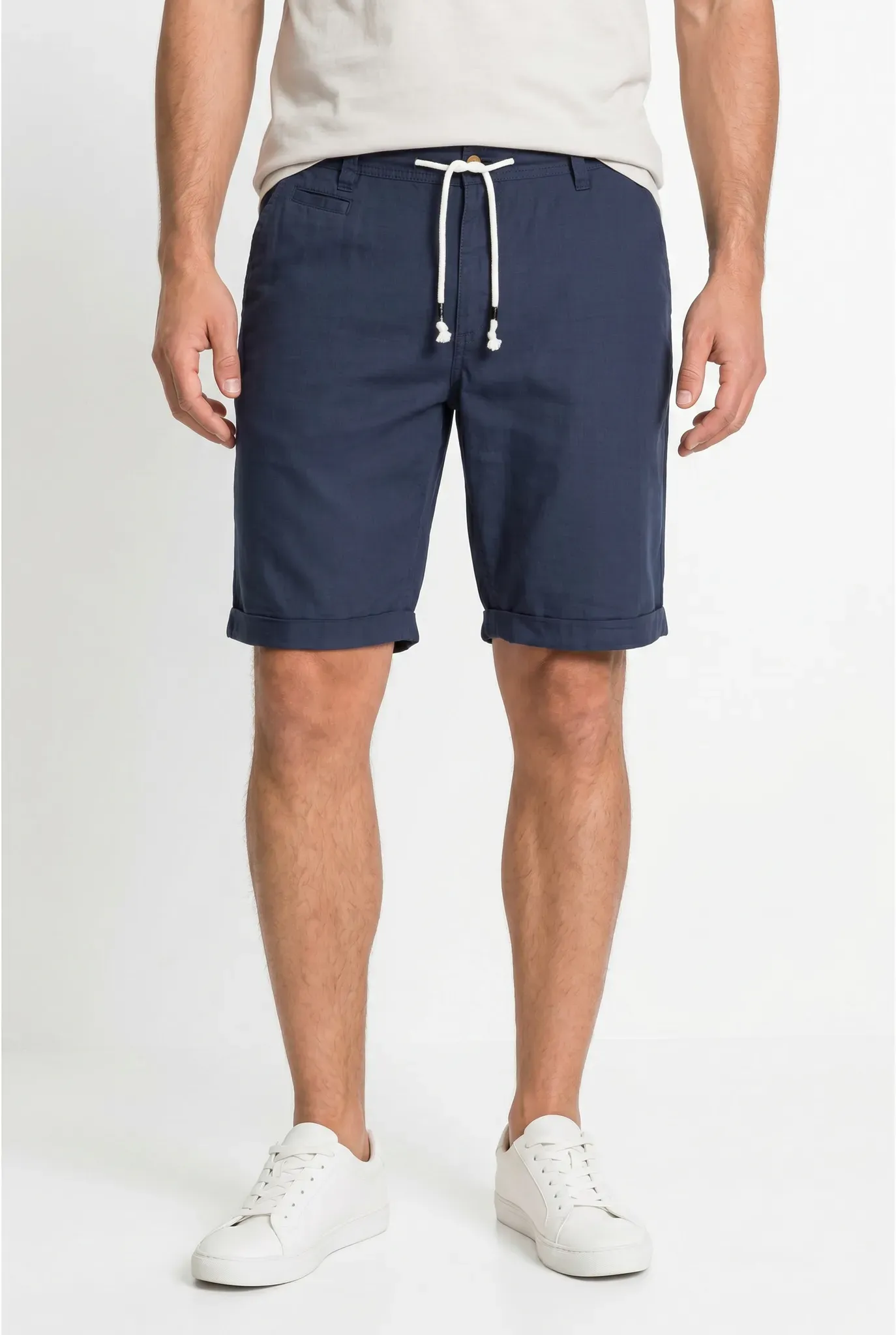 Bermudas BONPRIX, Herren, Gr. 46, N-Gr, blau (dunkelblau), Obermaterial: 55% Leinen, 45% Baumwolle, regular fit, Hosen Bermudas, aus Leinen-Baumwoll-Mix, Regular Fit, mit Bindeband am Bund