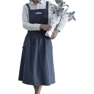 Schürze damen, japanische kochschürze damen, Baumwolle und Leinen, mit gekreuzten Trägern, Lätzchen, einfarbig, Baumwolle, Vintage, Küchenschürze mit 2 Taschen Gartenarbeit, Floristik - Einheitsgröße