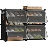 eSituro Schuhboxen, 8er Set, Schuhorganizer Schuhkarton stapelbar, Schuhregal Kunststoff, mit Haken, Tür, Schuhaufbewahrung platzsparend, Schwarz