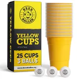 BeerBaller® Yellow Cups - 25 gelbe Beer Pong Becher & 3 Bier Pong Bälle | spülmaschinenfest & wiederverwendbar | 473ml - 16oz Partybecher | Bierpong Becher Set | Original American Beerpongbecher