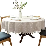 schwere Baumwolle Leinen Tischdecke, rundes, Kariertes Quaste Tischtuch für Küche Esszimmer Tischdekorationen, Durchmesser - 180cm, Beige
