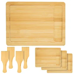 DuneDesign 4 Personen Raclette Teller Set Holz - 30x22cm Pfännchen Untersetzer mit Spachtel